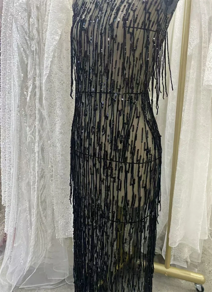 Black striped tassel bead tube fabric handmade Embrordered Net Lace With Beaded Sequins Afirca Net Lace Party Evening Dress