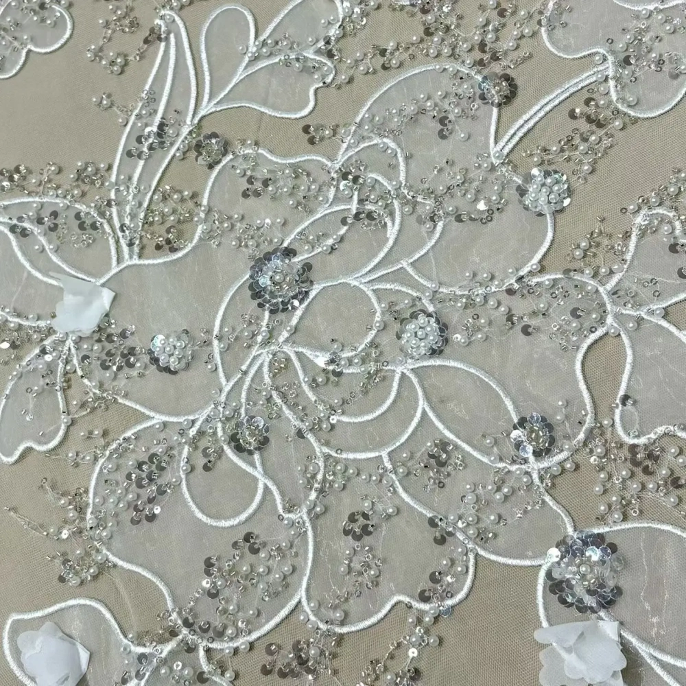 High End White Laser Handmade Embroidery Net Lace Sequins Evening Party Dress Fabric Top Quality