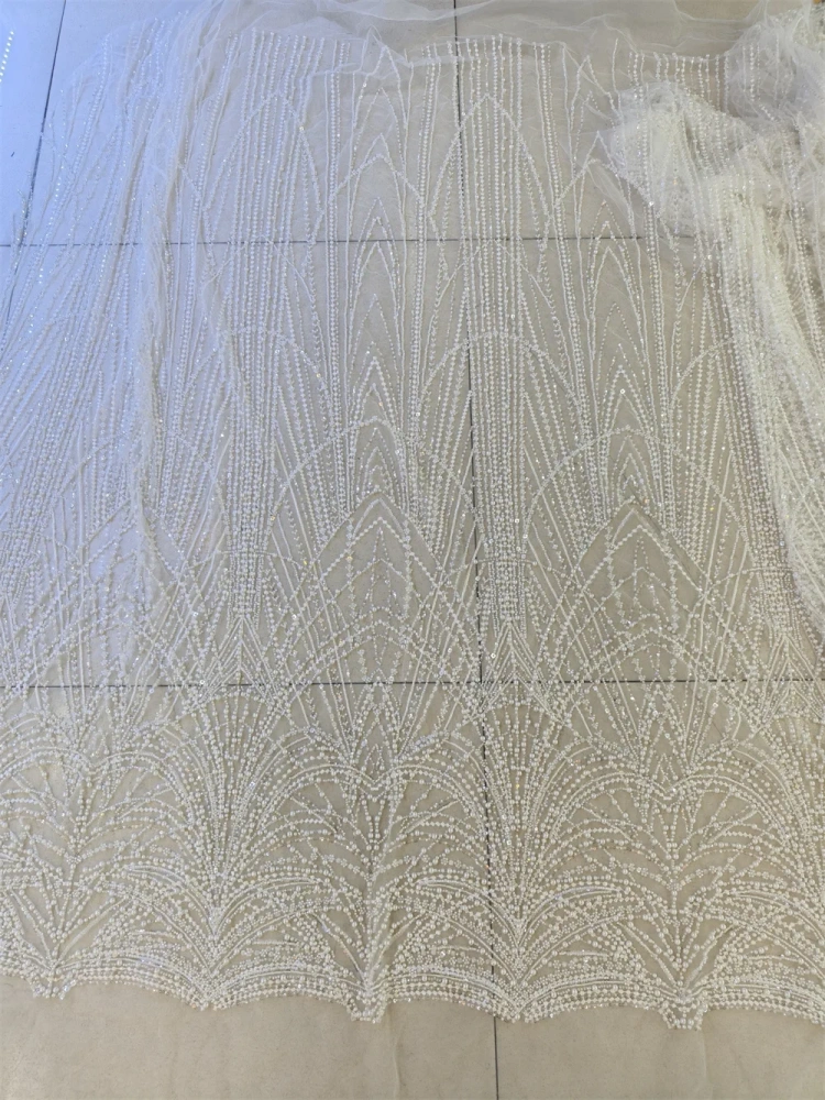 Fixing the bone string Embroidery Net Lace Ivory Beads Sequin Fabric For Women Party Evening Dress Africa Design, High Quality
