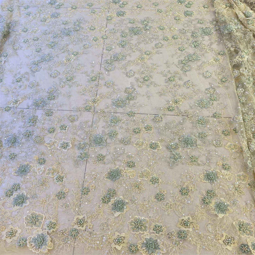 Handmade 3D Embroidery Net Lace Unique Fabric with Green Beads Sequins High Quality for Party Evening Dress