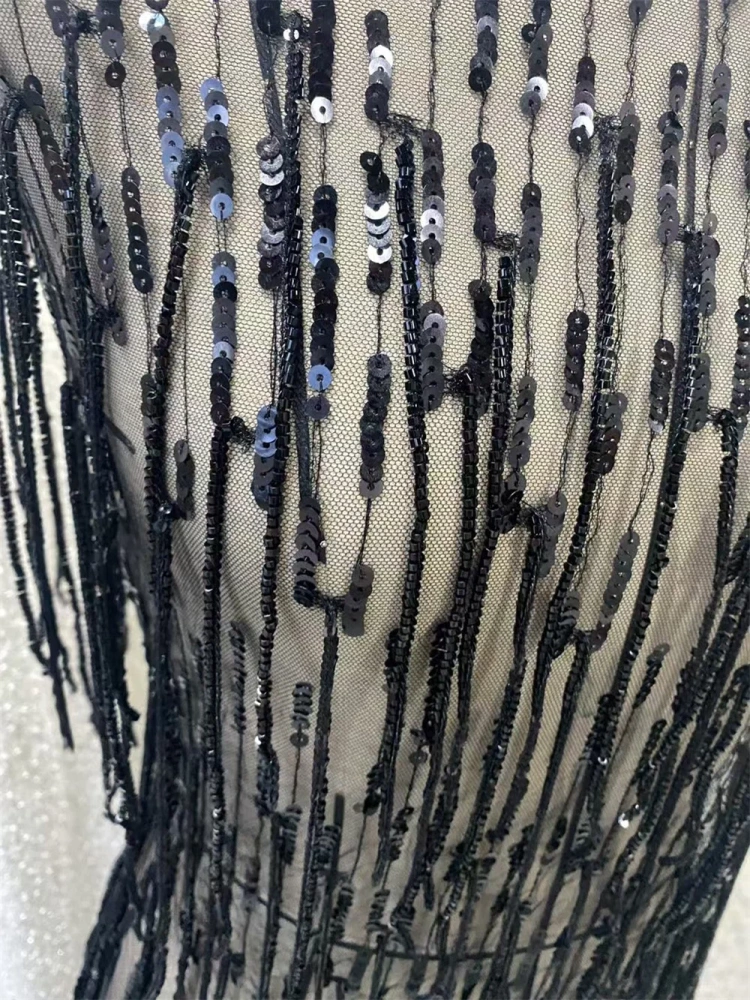 Black striped tassel bead tube fabric handmade Embrordered Net Lace With Beaded Sequins Afirca Net Lace Party Evening Dress