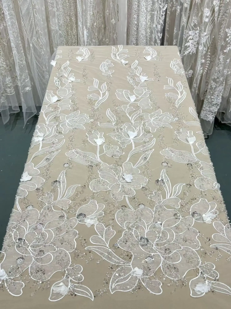 High End White Laser Handmade Embroidery Net Lace Sequins Evening Party Dress Fabric Top Quality