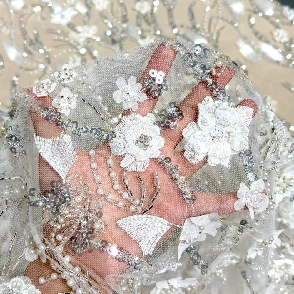 Luxury Handmade 3D Laser Embroidery Net Lace White Beads Sequins Top Quality Evening Party Dress Fabric