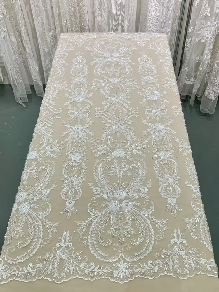 Ivory White Handmade Embroidery Net Lace with Sequins Evening Party Dress Fabric Unique Design Top Quality with New Fish Beads