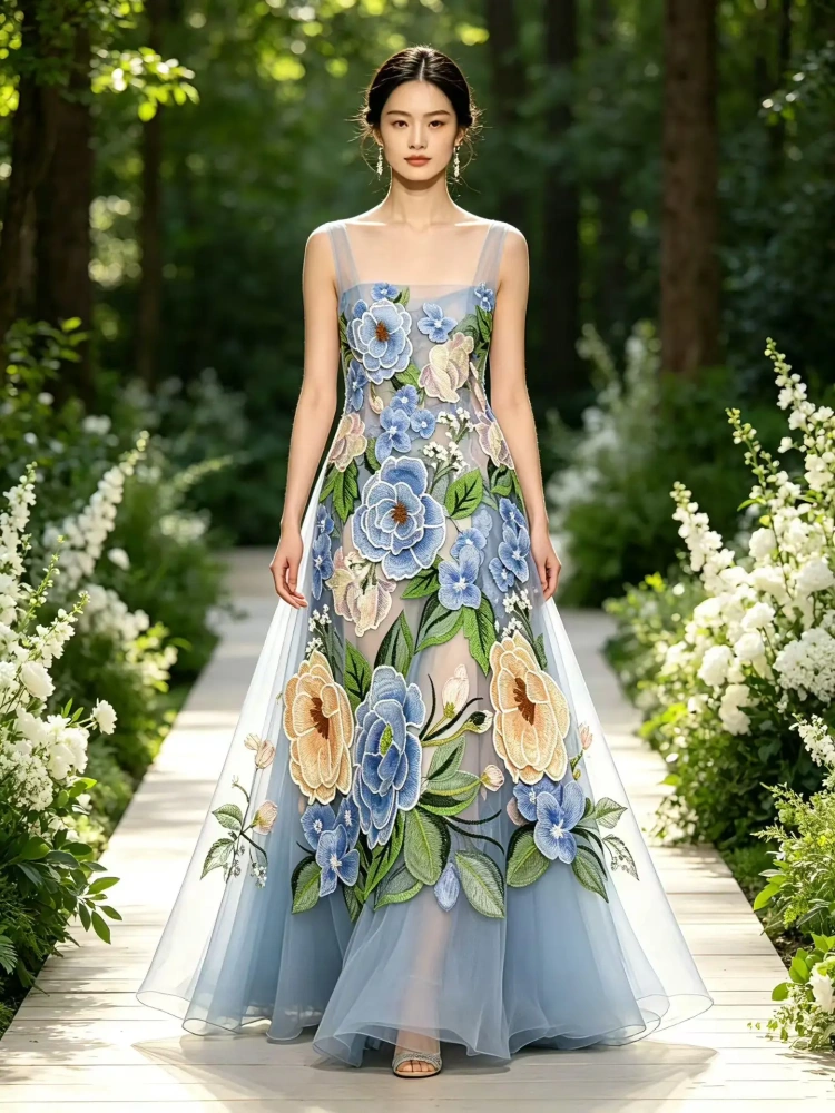 Handmade Big Flowers Colorful Embroidered Net Lace Evening Dress Fabric Beaded Sequined High-Quality Women's Party Dress 2026