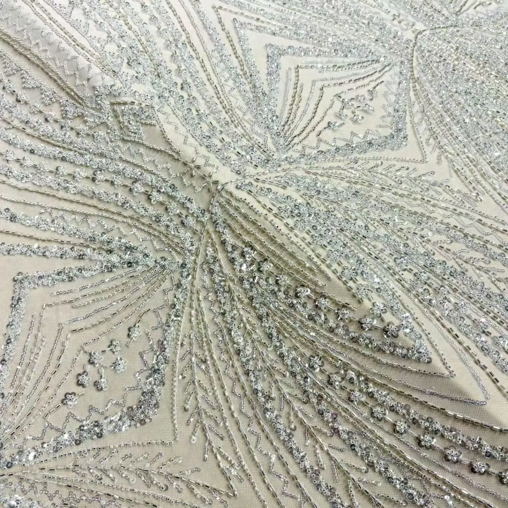 Luxury Handmade White Net Lace Sequins Embroidery Top Quality Fabric Evening Party Dress Material