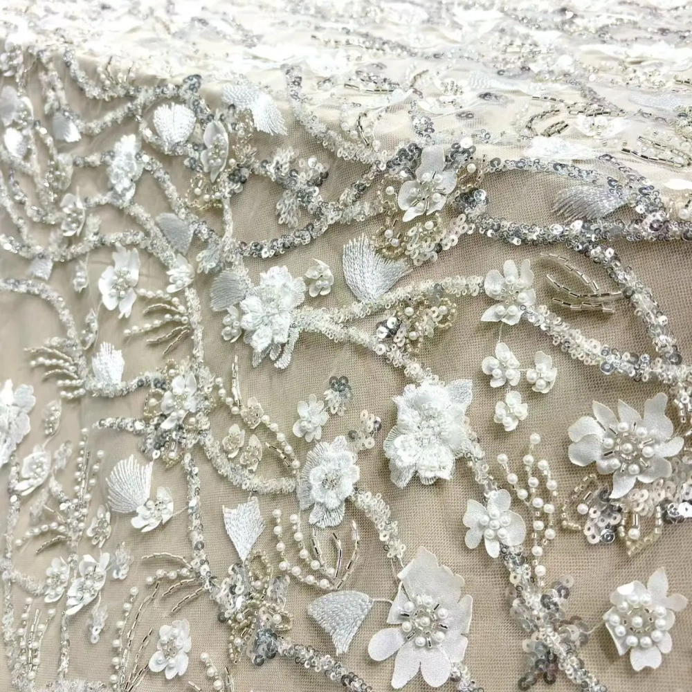 Luxury Handmade 3D Laser Embroidery Net Lace White Beads Sequins Top Quality Evening Party Dress Fabric