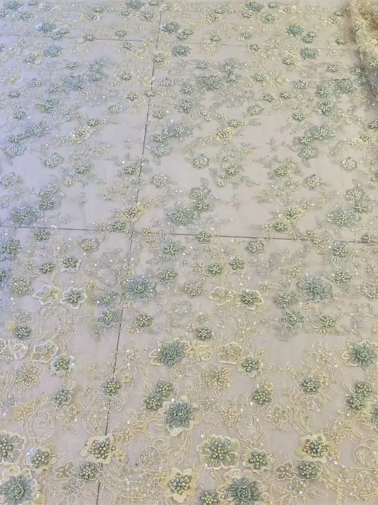 Handmade 3D Embroidery Net Lace Unique Fabric with Green Beads Sequins High Quality for Party Evening Dress
