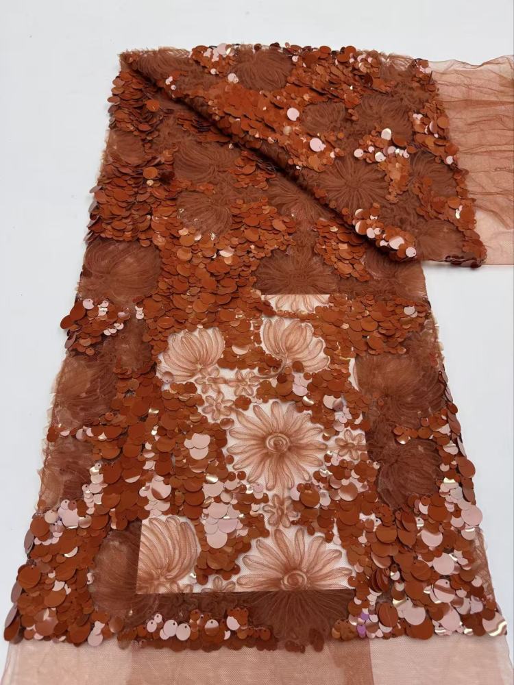 Handmade 3D Embroidered Mesh Lace Fabric with Colored Sequins for Women High-Quality Evening Dress Party Wear Fabric