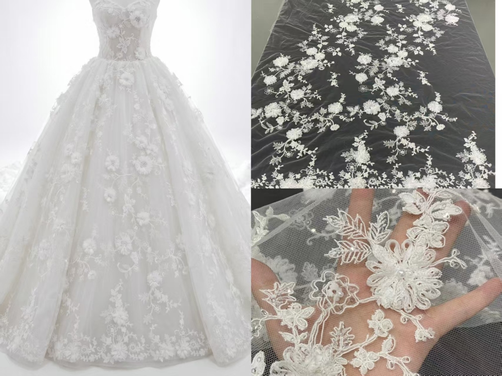 High-end fashionable fabric white buckle string bead 3D embroidery net lace wholesale online for wedding women dress