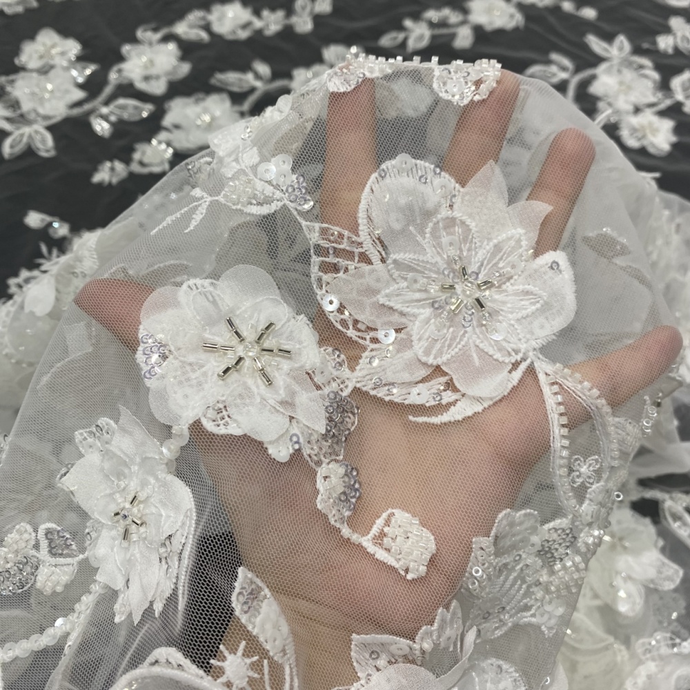 Super Top Quality High-end fashionable fabric white buckle string bead 3D embroidery net lace wholesale online for wedding women dress