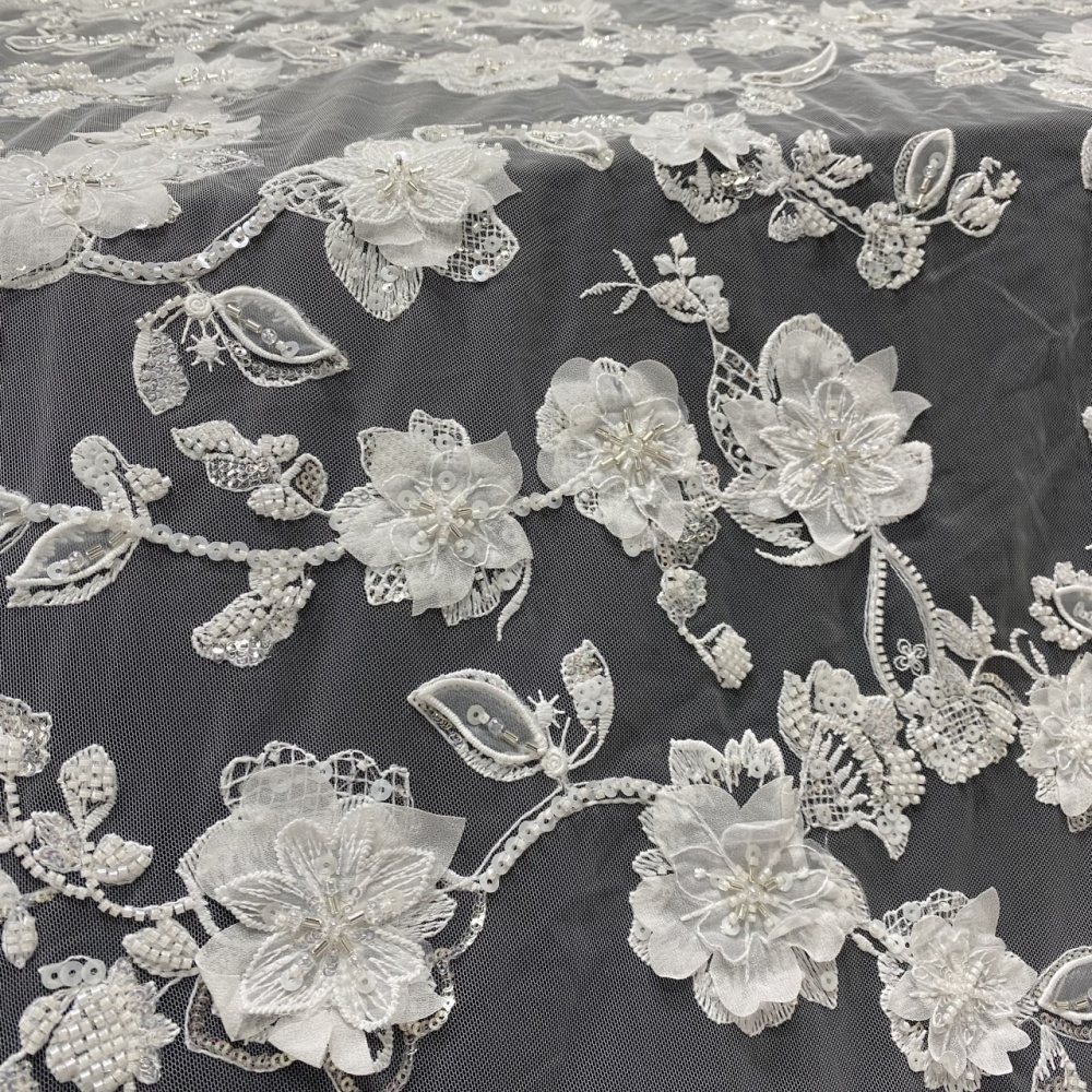 Super Top Quality High-end fashionable fabric white buckle string bead 3D embroidery net lace wholesale online for wedding women dress