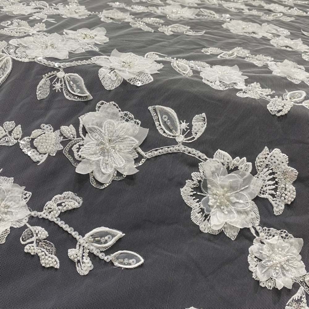 Super Top Quality High-end fashionable fabric white buckle string bead 3D embroidery net lace wholesale online for wedding women dress