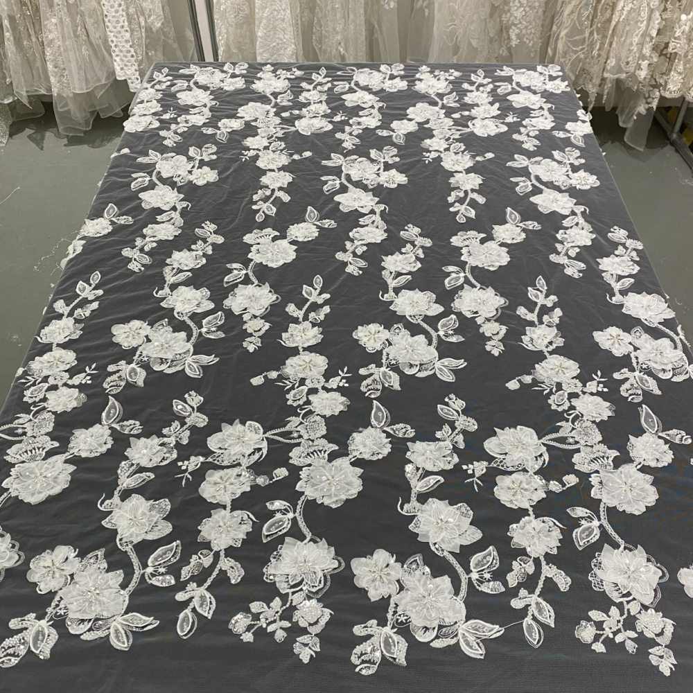 Super Top Quality High-end fashionable fabric white buckle string bead 3D embroidery net lace wholesale online for wedding women dress