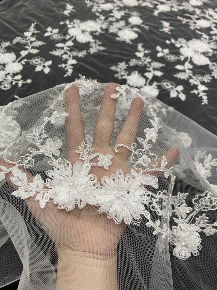 High-end fashionable fabric white buckle string bead 3D embroidery net lace wholesale online for wedding women dress