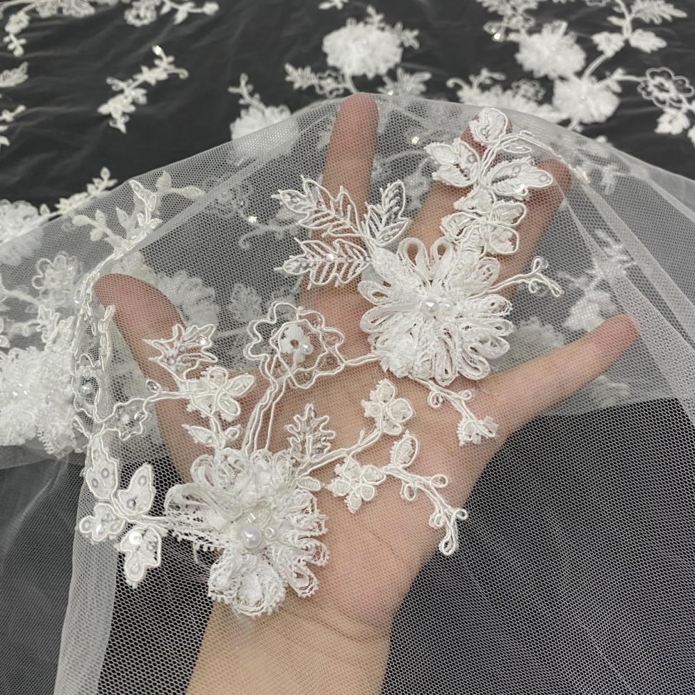 High-end fashionable fabric white buckle string bead 3D embroidery net lace wholesale online for wedding women dress