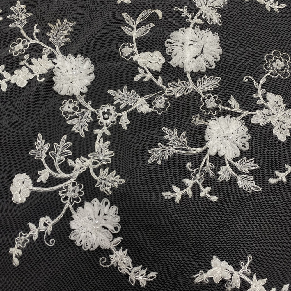 High-end fashionable fabric white buckle string bead 3D embroidery net lace wholesale online for wedding women dress