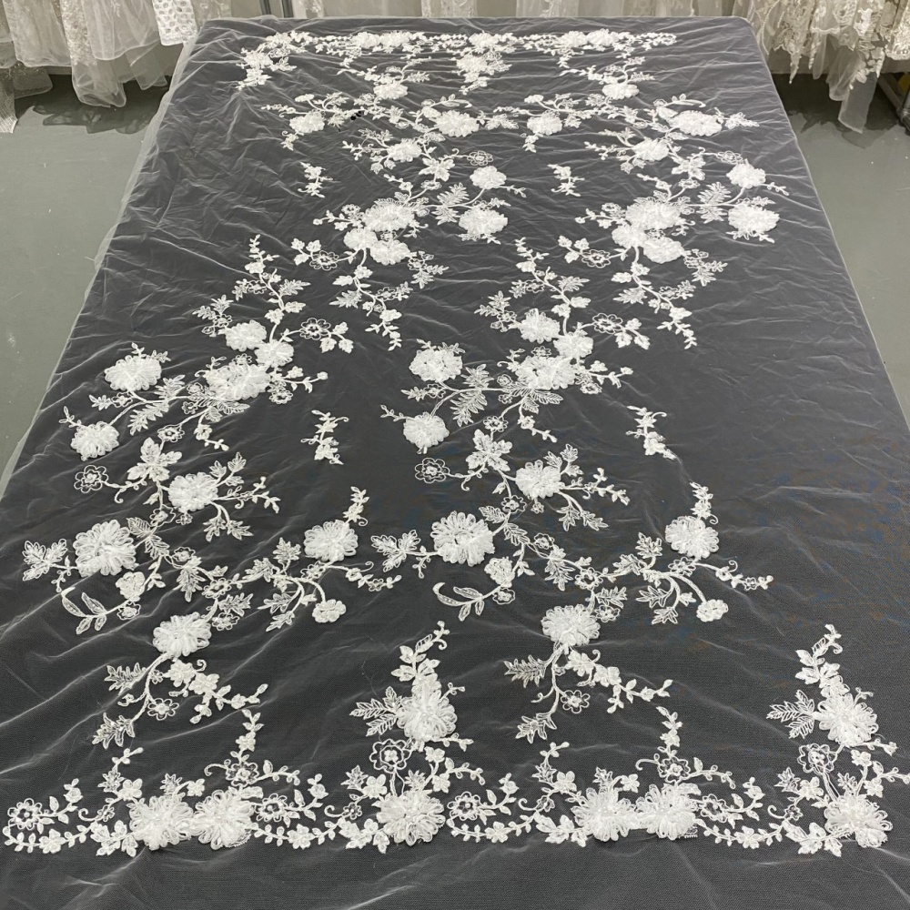 High-end fashionable fabric white buckle string bead 3D embroidery net lace wholesale online for wedding women dress
