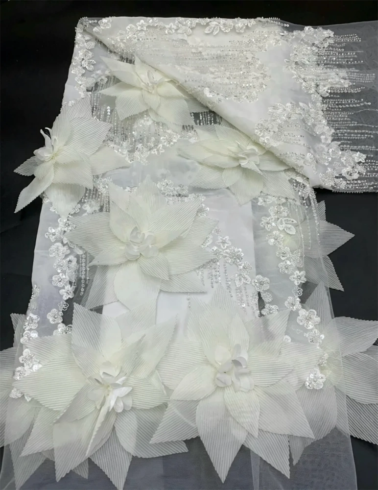 Noble Luxury High-end Unique New Fashion Design Fabric Handmade 3D Embroidery Net Lace Beads For Making Women Wedding  Dress