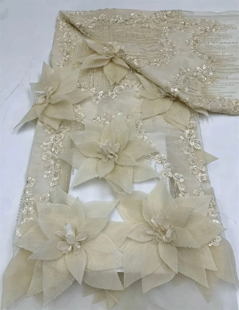 Noble Luxury High-end Unique New Fashion Design Fabric Handmade 3D Embroidery Net Lace Beads For Making Women Wedding  Dress