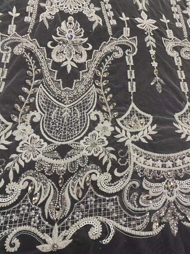 High-end court-style fabric High Quality Handmade Embroidery Net Lace Beads With Sequin For Party Women Dress