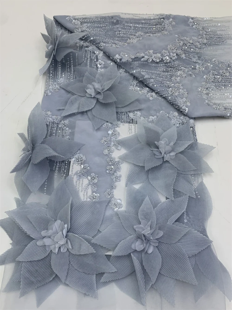 Noble Luxury High-end Unique New Fashion Design Fabric Handmade 3D Embroidery Net Lace Beads For Making Women Wedding  Dress