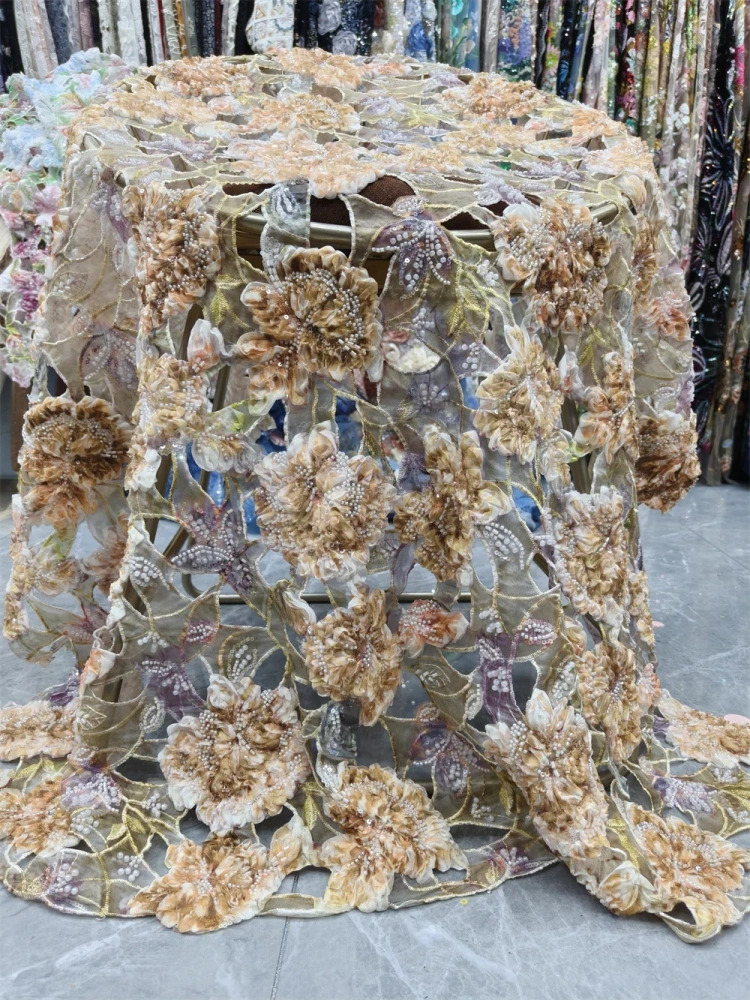 Handmade Colorful Net Lace with Beads Unique Exquisite Noble Fabric for Women's Wedding Dress High-Quality Style