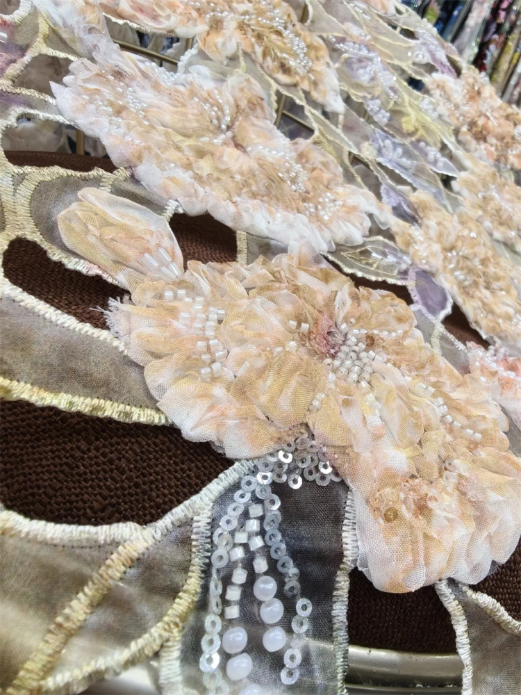 Handmade Colorful Net Lace with Beads Unique Exquisite Noble Fabric for Women's Wedding Dress High-Quality Style