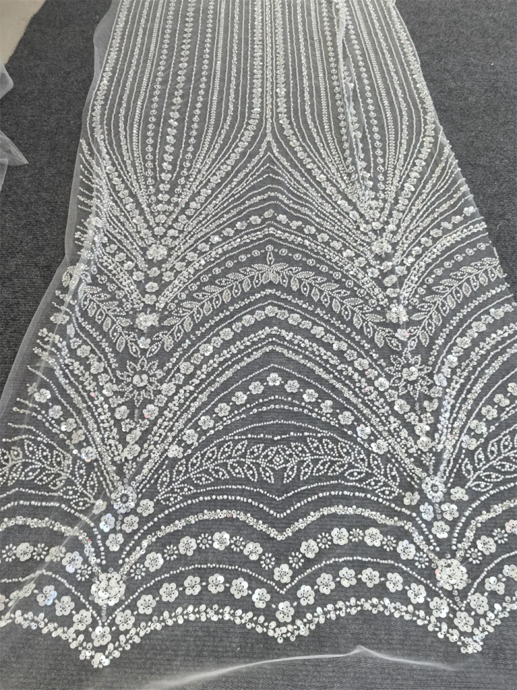 Ivory White Fabric Super Top Quality 5 Yards Handmade  Embroidery Net Lace Beads With Sequins For Party Evening Dresses
