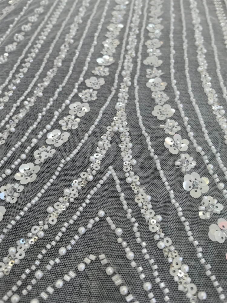 Ivory White Fabric Super Top Quality 5 Yards Handmade  Embroidery Net Lace Beads With Sequins For Party Evening Dresses