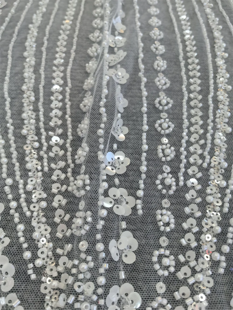 Ivory White Fabric Super Top Quality 5 Yards Handmade  Embroidery Net Lace Beads With Sequins For Party Evening Dresses