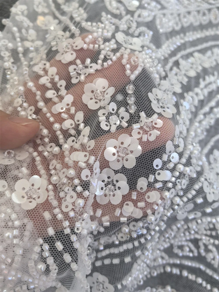 Ivory White Fabric Super Top Quality 5 Yards Handmade  Embroidery Net Lace Beads With Sequins For Party Evening Dresses
