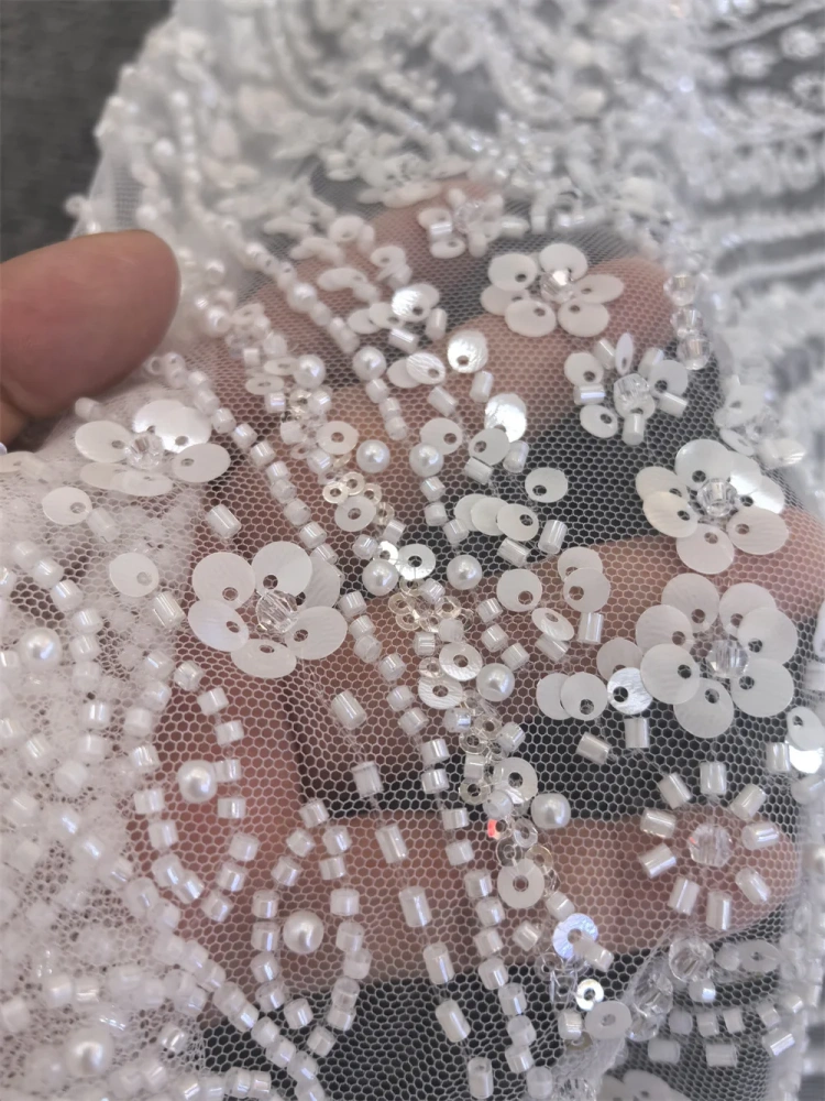 Ivory White Fabric Super Top Quality 5 Yards Handmade  Embroidery Net Lace Beads With Sequins For Party Evening Dresses