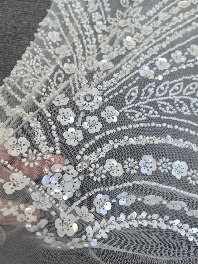 Ivory White Fabric Super Top Quality 5 Yards Handmade  Embroidery Net Lace Beads With Sequins For Party Evening Dresses