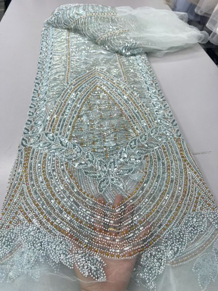 Luxury Hand Beaded Lace Fabric 5 Yards | Statement Center Panel Geometric Pattern Heavy Bead & Sequin Embroidery Tulle Lace for Nigerian Asoebi Bridal Wedding Gown