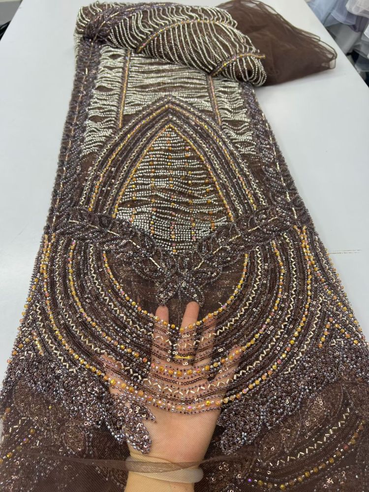 Luxury Hand Beaded Lace Fabric 5 Yards | Statement Center Panel Geometric Pattern Heavy Bead & Sequin Embroidery Tulle Lace for Nigerian Asoebi Bridal Wedding Gown