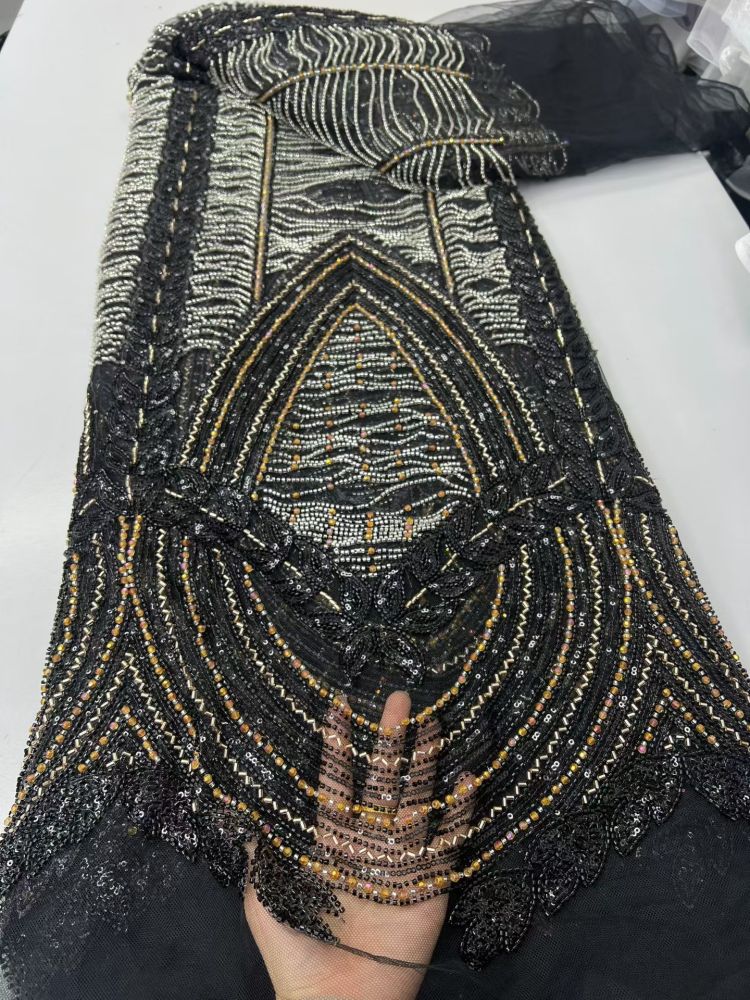 Luxury Hand Beaded Lace Fabric 5 Yards | Statement Center Panel Geometric Pattern Heavy Bead & Sequin Embroidery Tulle Lace for Nigerian Asoebi Bridal Wedding Gown