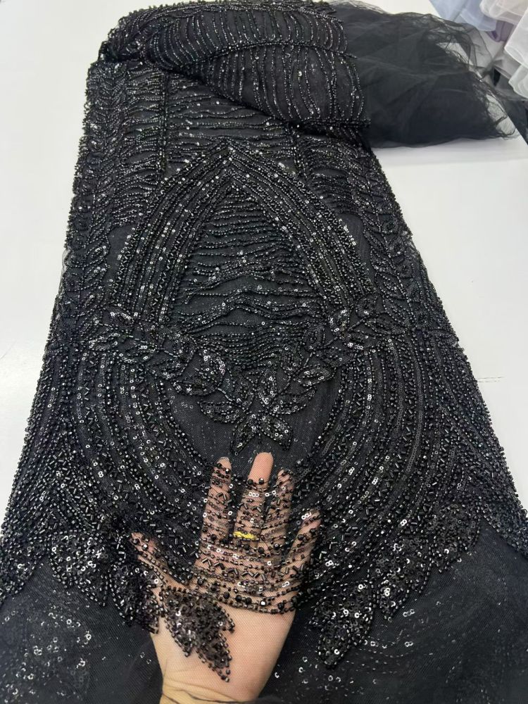 Luxury Hand Beaded Lace Fabric 5 Yards | Statement Center Panel Geometric Pattern Heavy Bead & Sequin Embroidery Tulle Lace for Nigerian Asoebi Bridal Wedding Gown