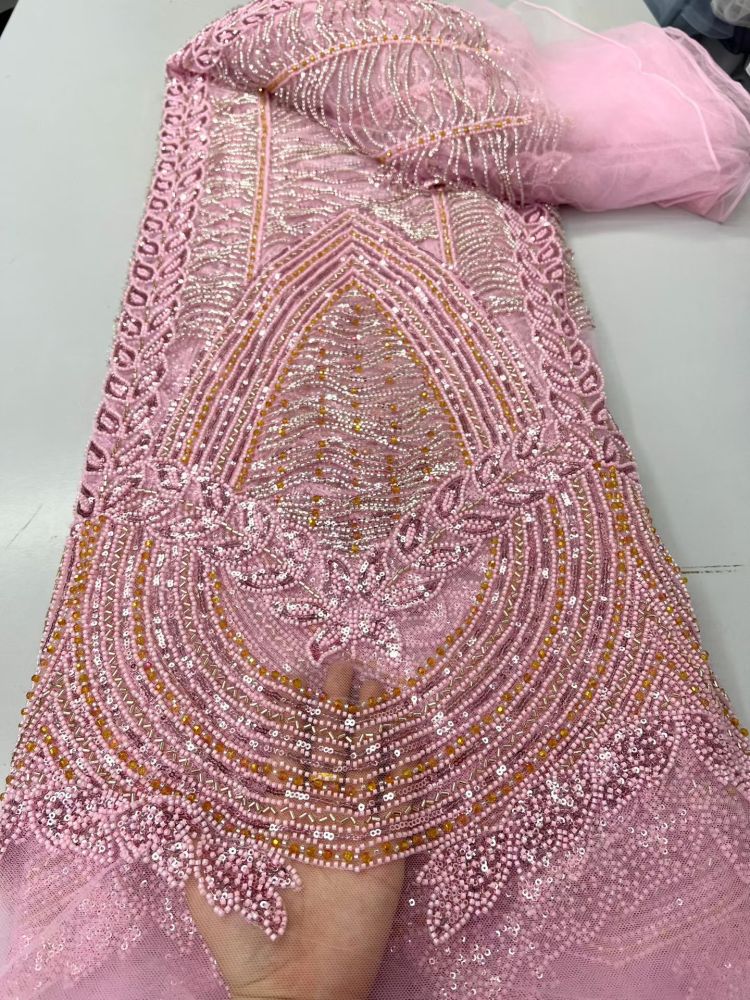 Luxury Hand Beaded Lace Fabric 5 Yards | Statement Center Panel Geometric Pattern Heavy Bead & Sequin Embroidery Tulle Lace for Nigerian Asoebi Bridal Wedding Gown