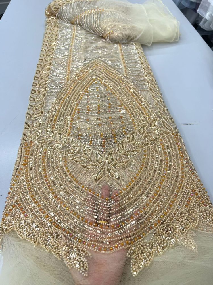 Luxury Hand Beaded Lace Fabric 5 Yards | Statement Center Panel Geometric Pattern Heavy Bead & Sequin Embroidery Tulle Lace for Nigerian Asoebi Bridal Wedding Gown