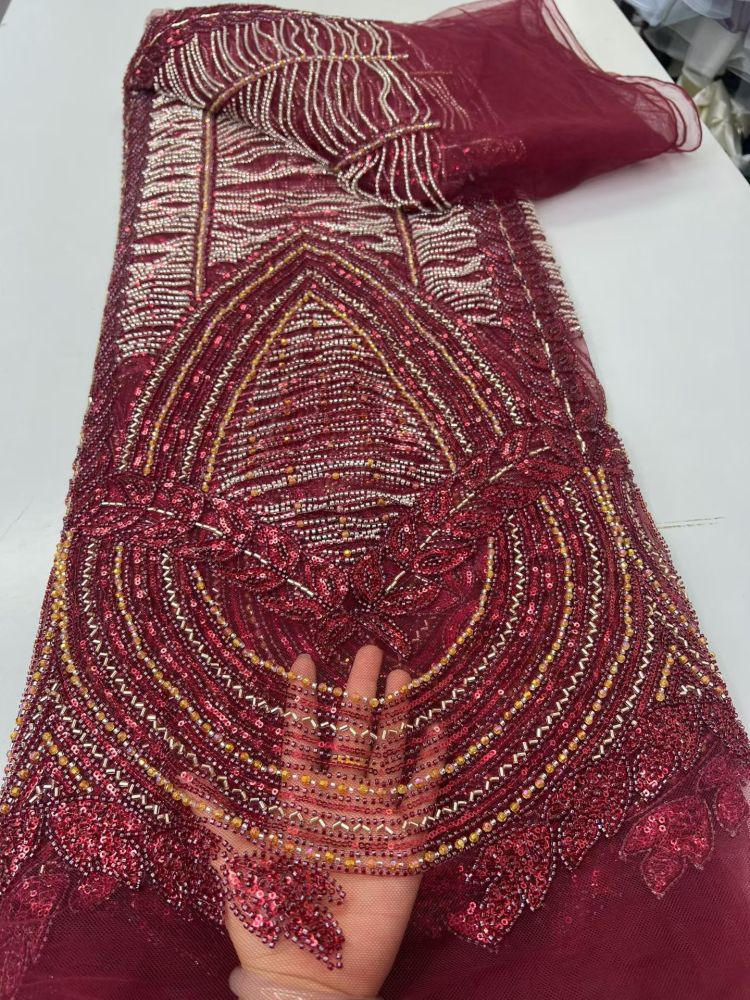 Luxury Hand Beaded Lace Fabric 5 Yards | Statement Center Panel Geometric Pattern Heavy Bead & Sequin Embroidery Tulle Lace for Nigerian Asoebi Bridal Wedding Gown