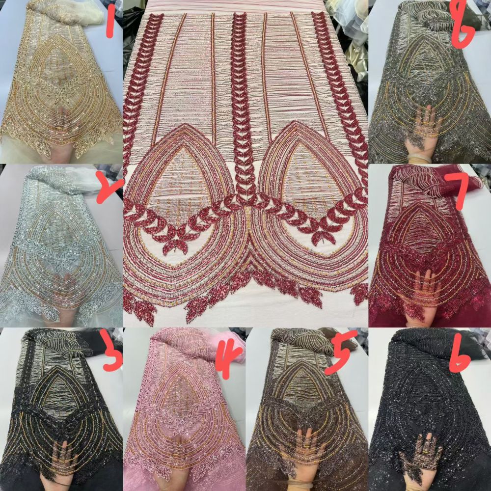 Luxury Hand Beaded Lace Fabric 5 Yards | Statement Center Panel Geometric Pattern Heavy Bead & Sequin Embroidery Tulle Lace for Nigerian Asoebi Bridal Wedding Gown