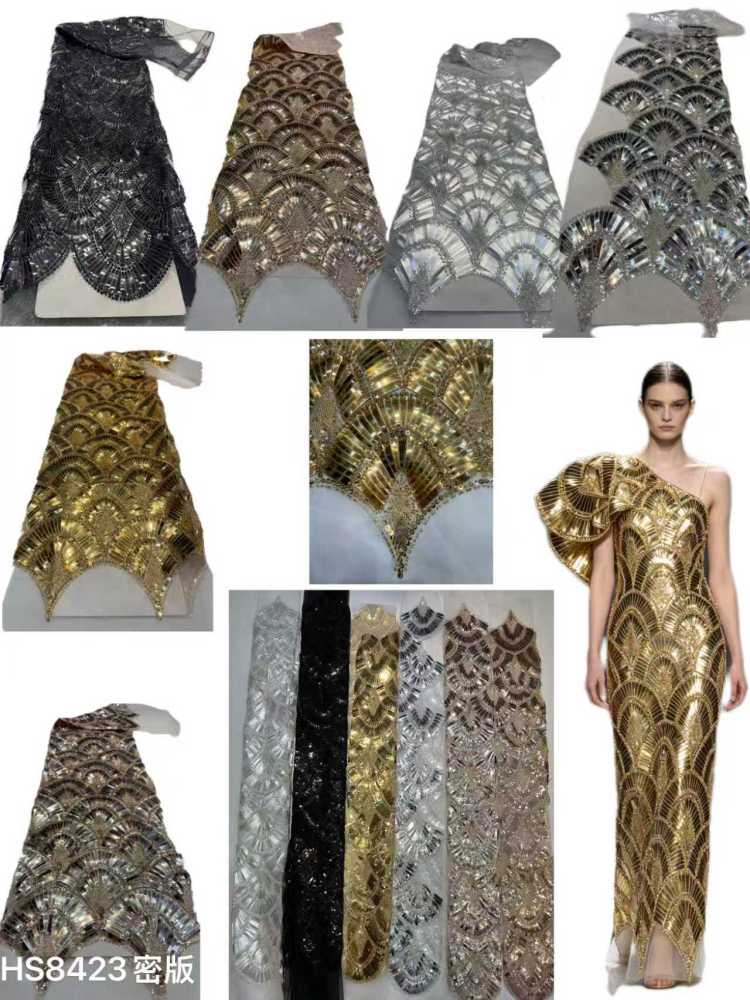 Luxury Art‑Deco Fan Shape Sequin Rhinestone Lace Fabric 5 Yards | Continuous Metallic Fan‑Scallop Embroidery Tulle for Couture Asoebi & Red‑Carpet Gown