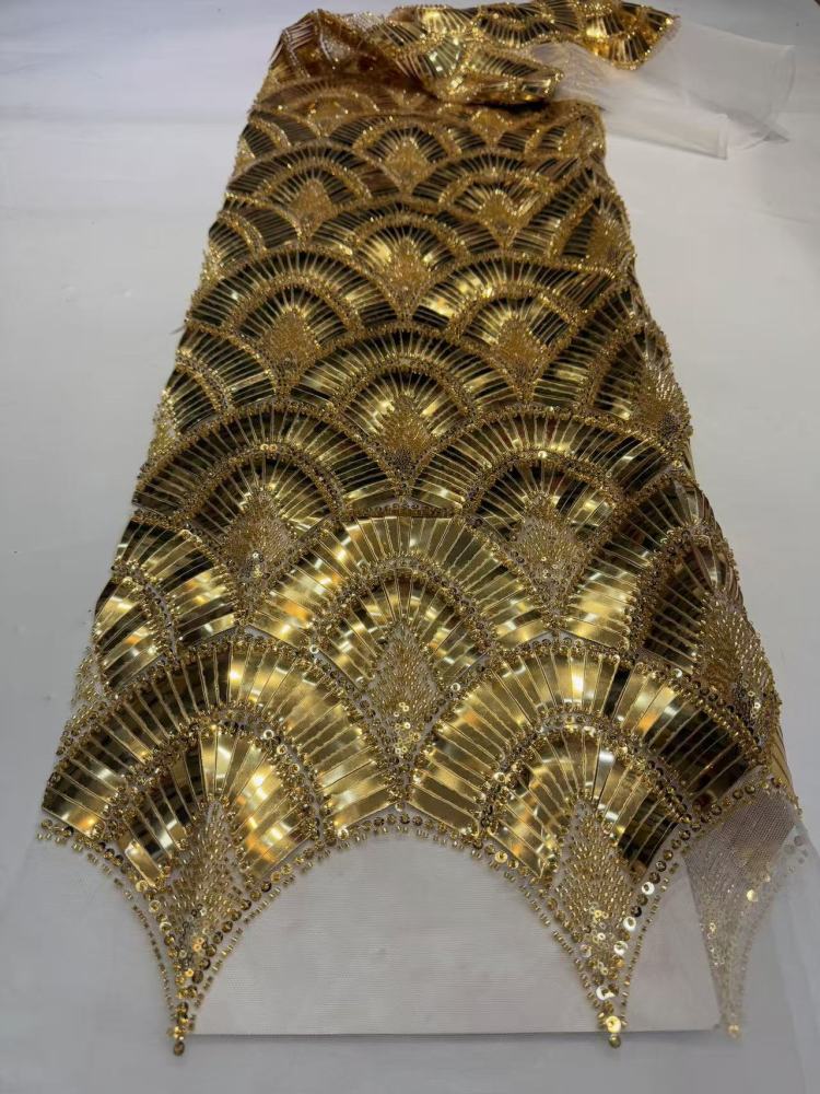 Luxury Art‑Deco Fan Shape Sequin Rhinestone Lace Fabric 5 Yards | Continuous Metallic Fan‑Scallop Embroidery Tulle for Couture Asoebi & Red‑Carpet Gown