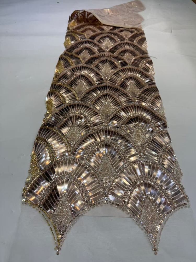Luxury Art‑Deco Fan Shape Sequin Rhinestone Lace Fabric 5 Yards | Continuous Metallic Fan‑Scallop Embroidery Tulle for Couture Asoebi & Red‑Carpet Gown