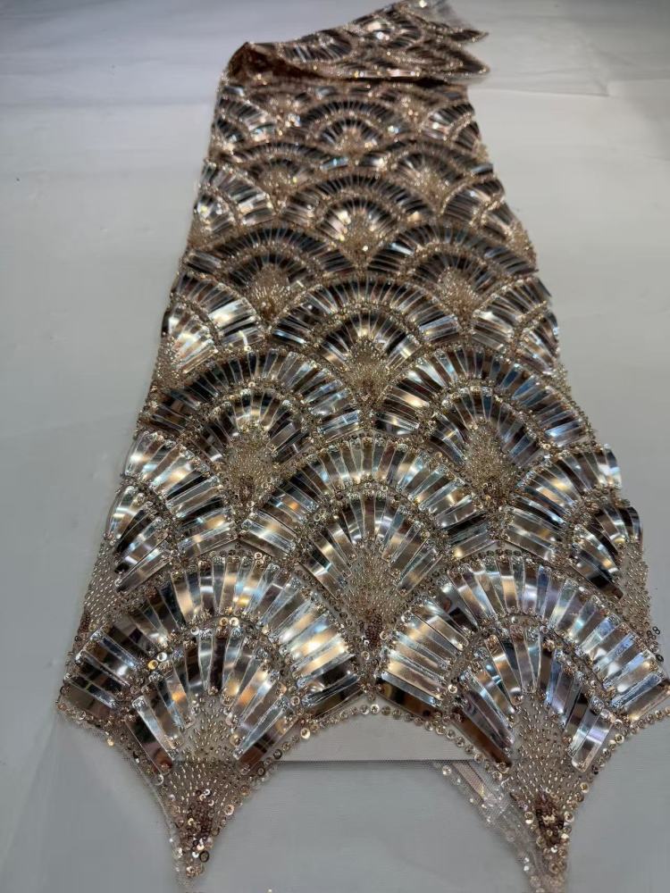 Luxury Art‑Deco Fan Shape Sequin Rhinestone Lace Fabric 5 Yards | Continuous Metallic Fan‑Scallop Embroidery Tulle for Couture Asoebi & Red‑Carpet Gown