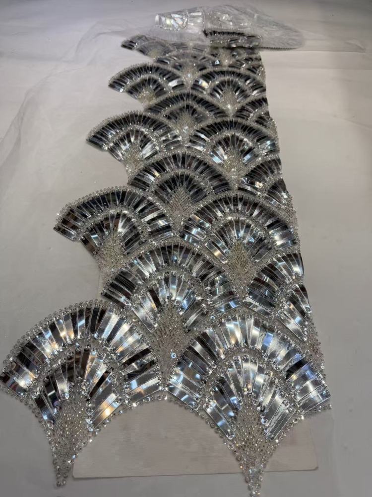 Luxury Art‑Deco Fan Shape Sequin Rhinestone Lace Fabric 5 Yards | Continuous Metallic Fan‑Scallop Embroidery Tulle for Couture Asoebi & Red‑Carpet Gown