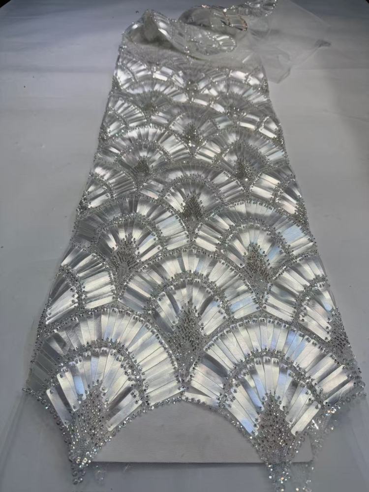 Luxury Art‑Deco Fan Shape Sequin Rhinestone Lace Fabric 5 Yards | Continuous Metallic Fan‑Scallop Embroidery Tulle for Couture Asoebi & Red‑Carpet Gown