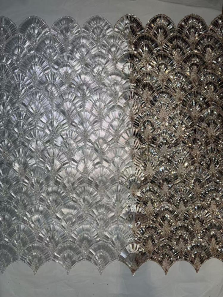 Luxury Art‑Deco Fan Shape Sequin Rhinestone Lace Fabric 5 Yards | Continuous Metallic Fan‑Scallop Embroidery Tulle for Couture Asoebi & Red‑Carpet Gown