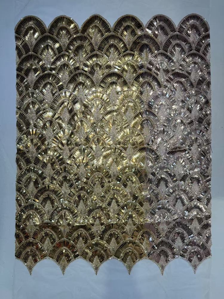 Luxury Art‑Deco Fan Shape Sequin Rhinestone Lace Fabric 5 Yards | Continuous Metallic Fan‑Scallop Embroidery Tulle for Couture Asoebi & Red‑Carpet Gown